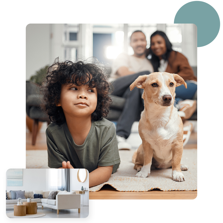 Family relaxing at home with their dog in clean indoor air
